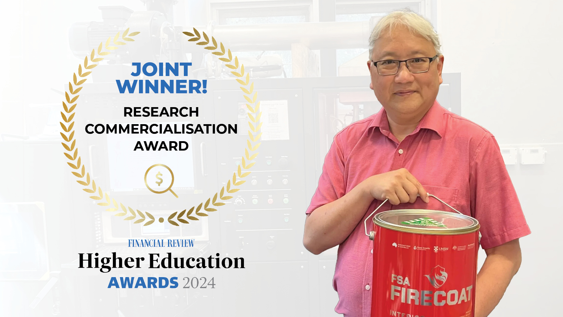 Image of UNSW’s Professor Guan Yeoh holding a tin of FIRECOAT announcing the award win for The Australian Financial Review Higher Education Awards 2024 research commercialisation category.